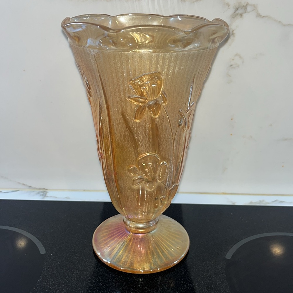 EUC Vintage Carnival Glass‎ Flower Vase Amber Iridescent